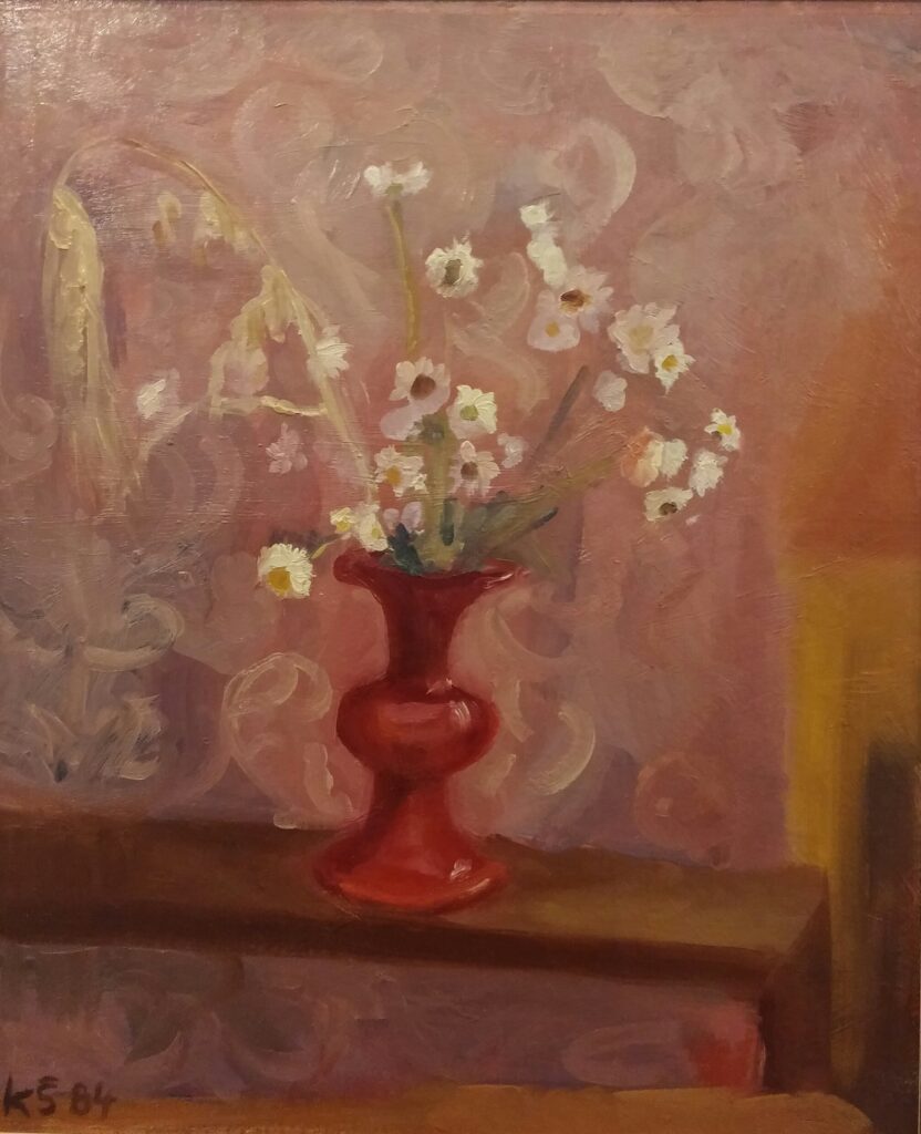 "Õlelilled roosal foonil" (õli, papp) 60x50 1984a 350€